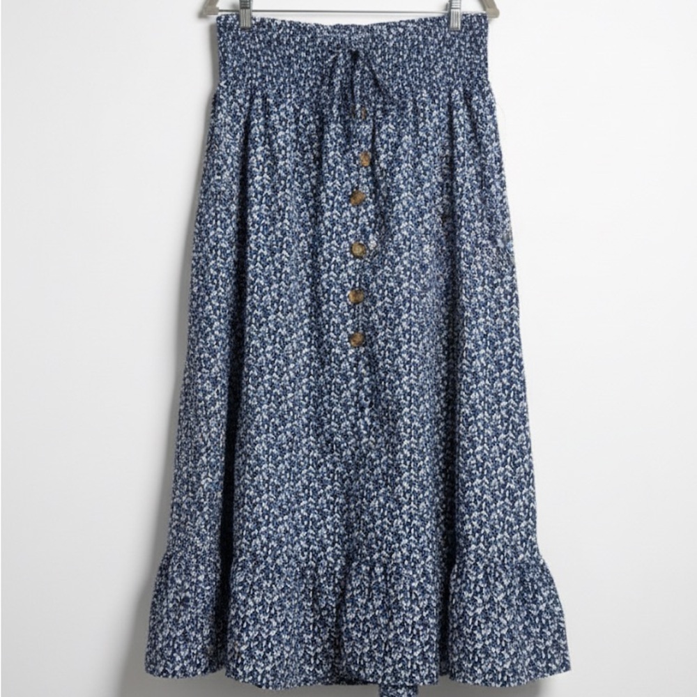 Blue Floral Maxi Skirt – Size XL | Boho Button-Front Style